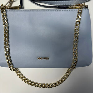 NINE WEST Pale Blue Crossbody Bag With Gold Chain Strap‎